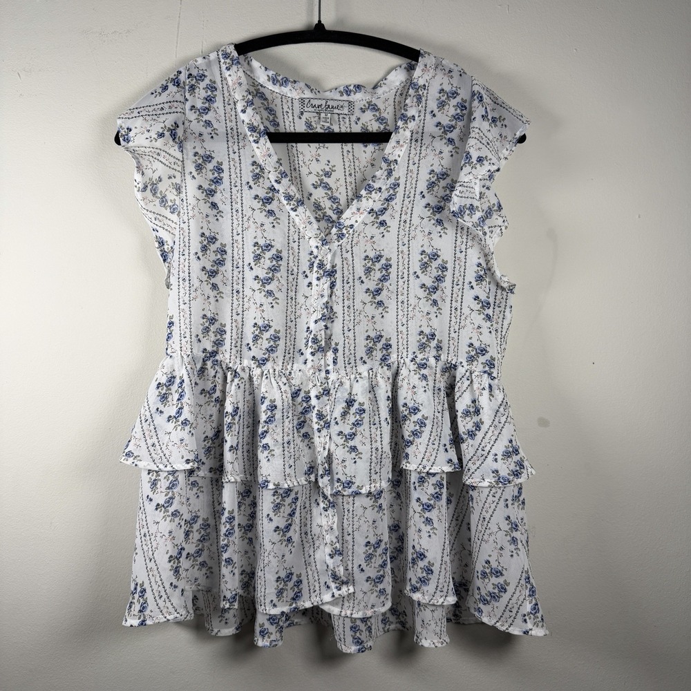 Womens M Blue Floral Feminine Dainty Preppy Cottagecore Ruffle Layered Blouse